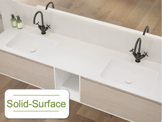 Plan vasque à encastrer, double lavabos intégrés angle arrondi, L. 120 à 200 cm x 40 à 60 cm, résine minérale ACRYSTONE® SOLID SURFACE Finition lisse, Livraison Offerte et Rapide.